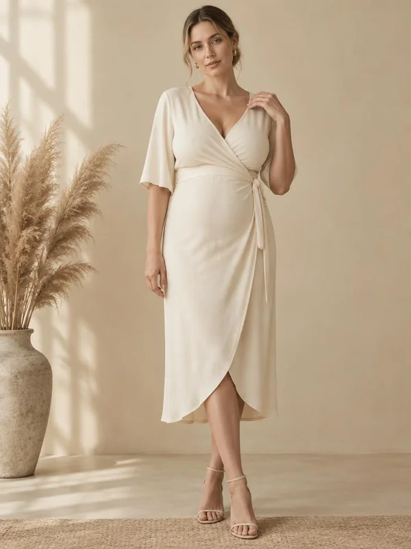 A woman in a cream dress with a V-neck