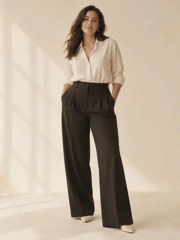 A woman in a white blouse and wide dark brown trousers