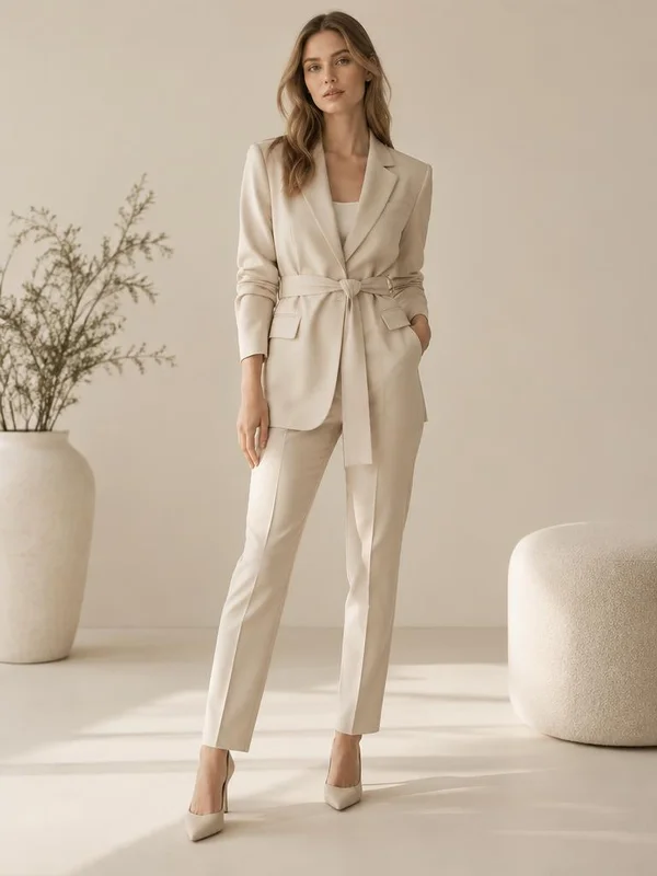 A woman in a light suit with a belt at the jacket's waist